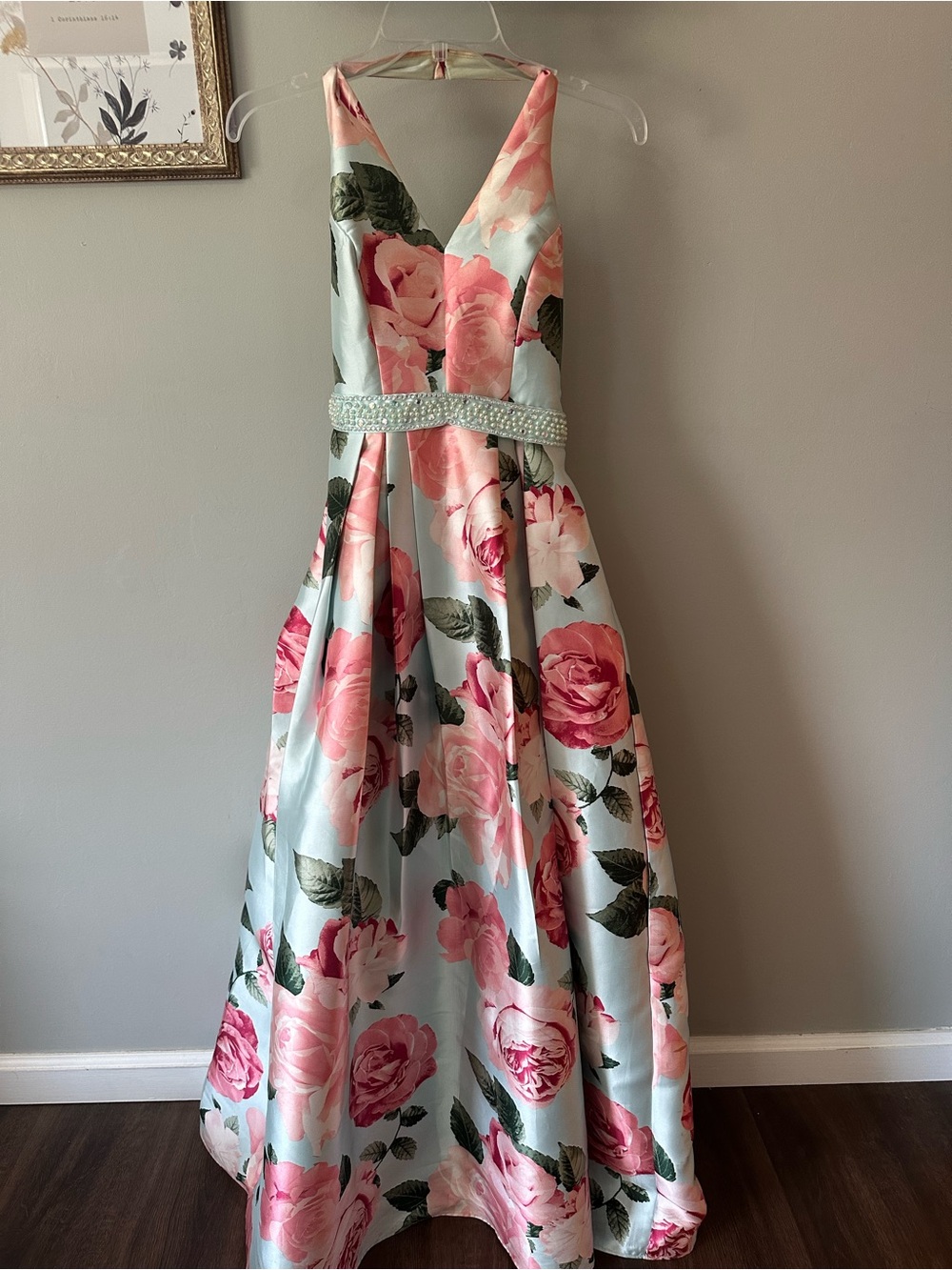 Floral Pink and Mint womens Satin V-Neck Dress